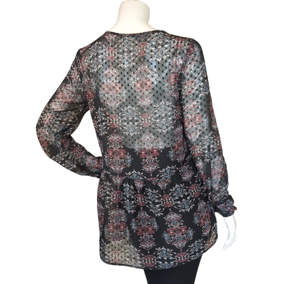 Black Floral Lace up Boho Tunic Top with lace up front - Picture 10 of 14